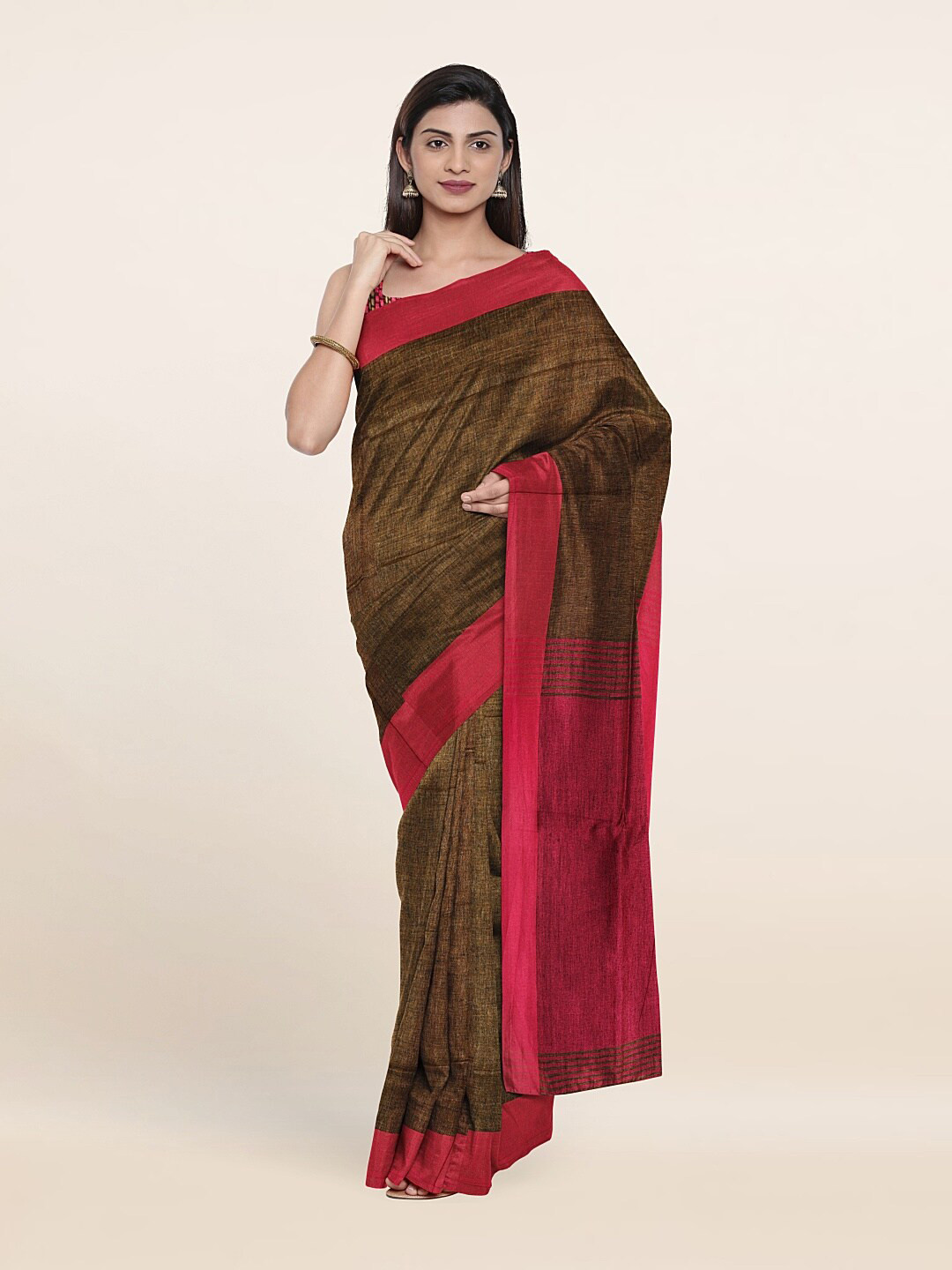 

Pothys Brown & Pink Linen Blend Saree