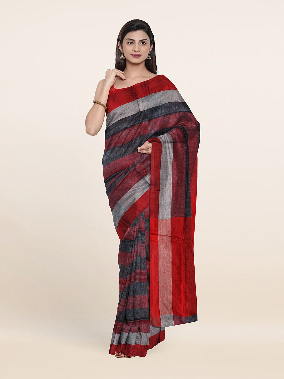 

Pothys Orange & Maroon Striped Linen Blend Saree