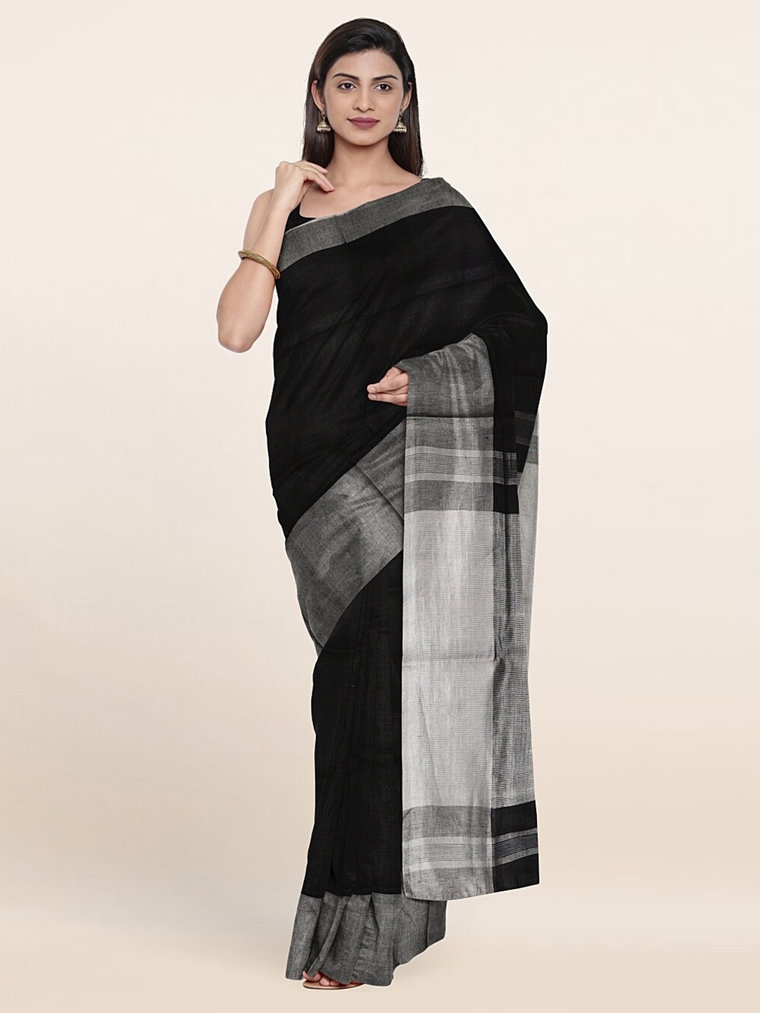 

Pothys Black & Silver-Toned Linen Blend Saree