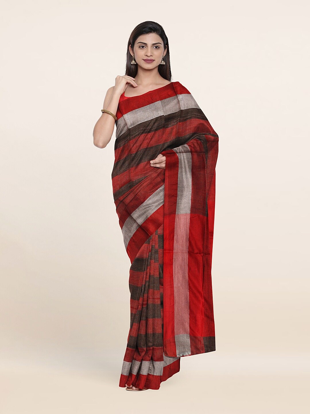 

Pothys Maroon & Black Striped Linen Blend Saree