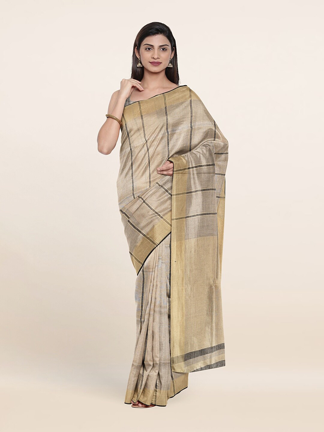 

Pothys Women Beige & Black Striped Linen Blend Saree
