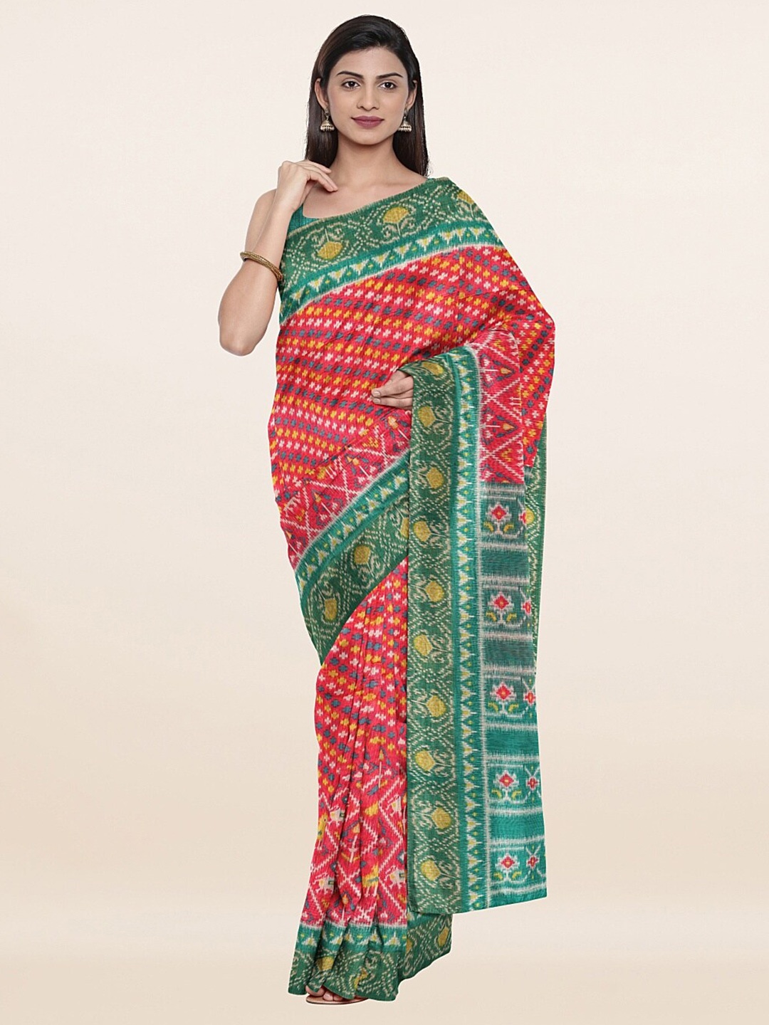 

Pothys Pink & Green Ethnic Motifs Art Silk Saree