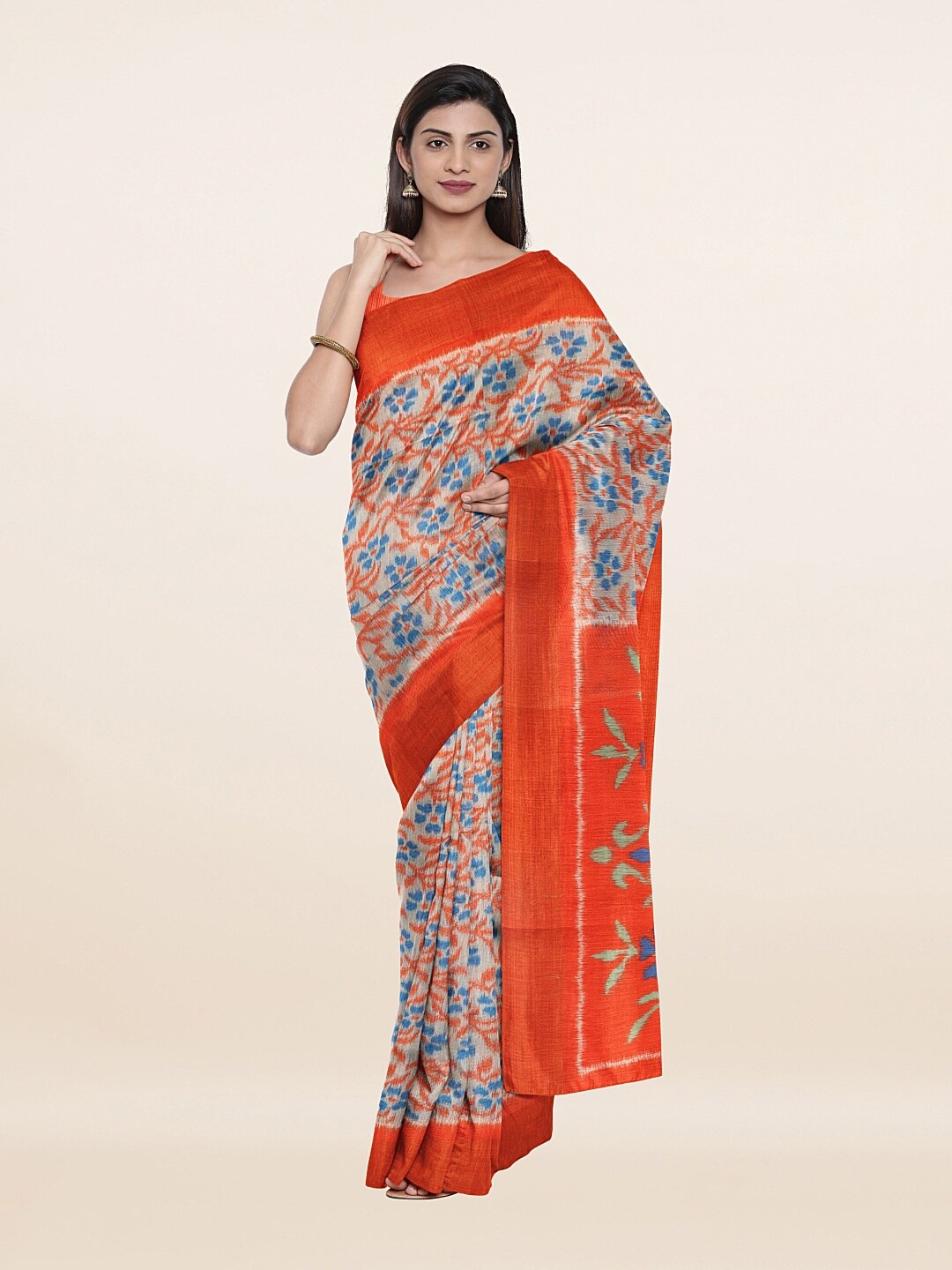 

Pothys Women Cream-Coloured & Navy Blue Floral Art Silk Saree