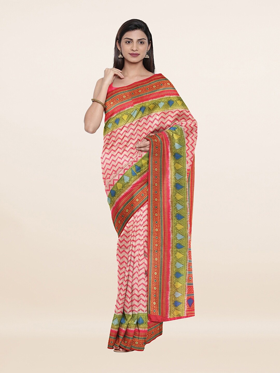 

Pothys Women Cream-Coloured & Pink Zari Art Silk Saree