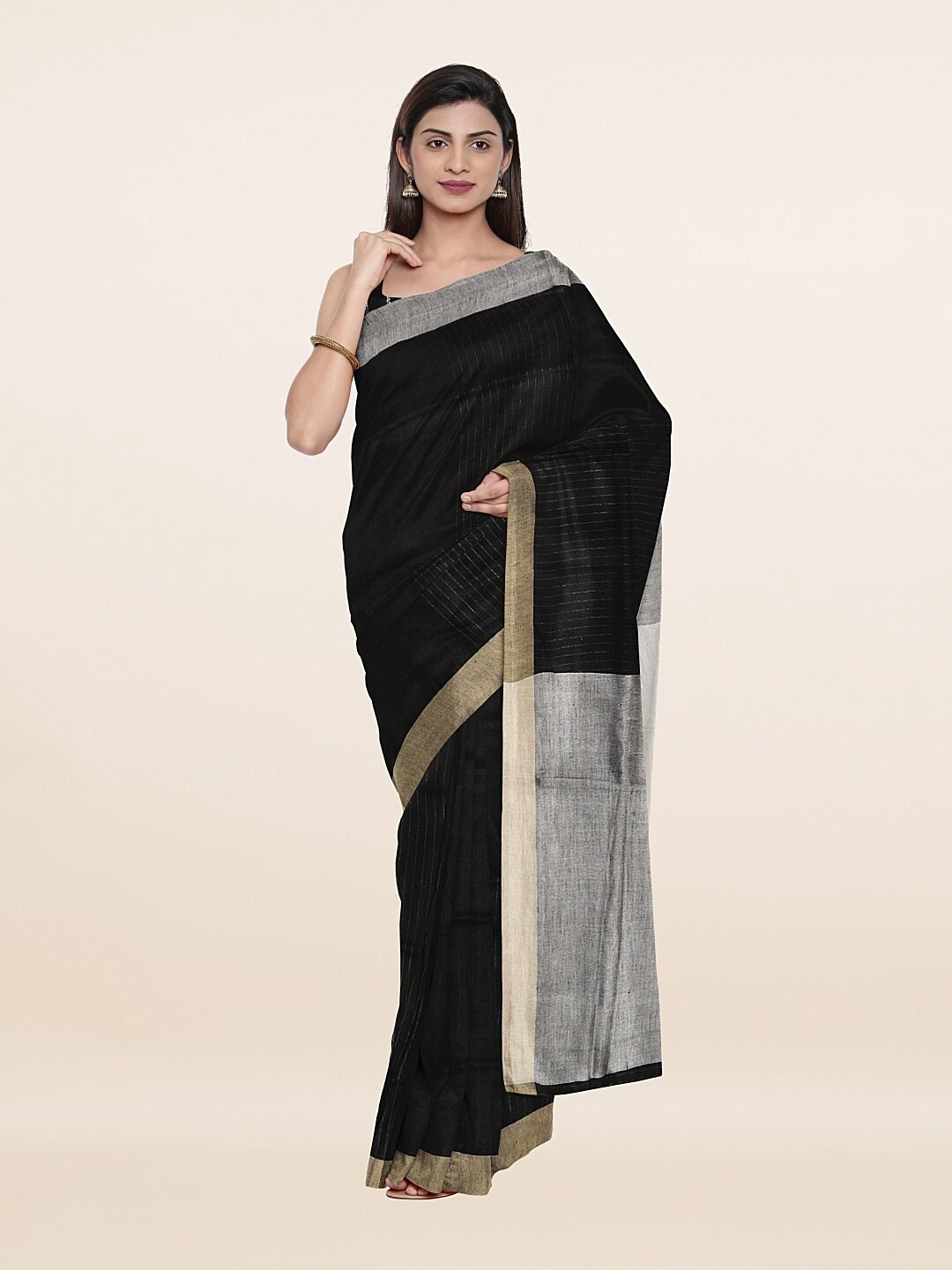 

Pothys Black & Gold-Toned Pure Linen Zari Saree