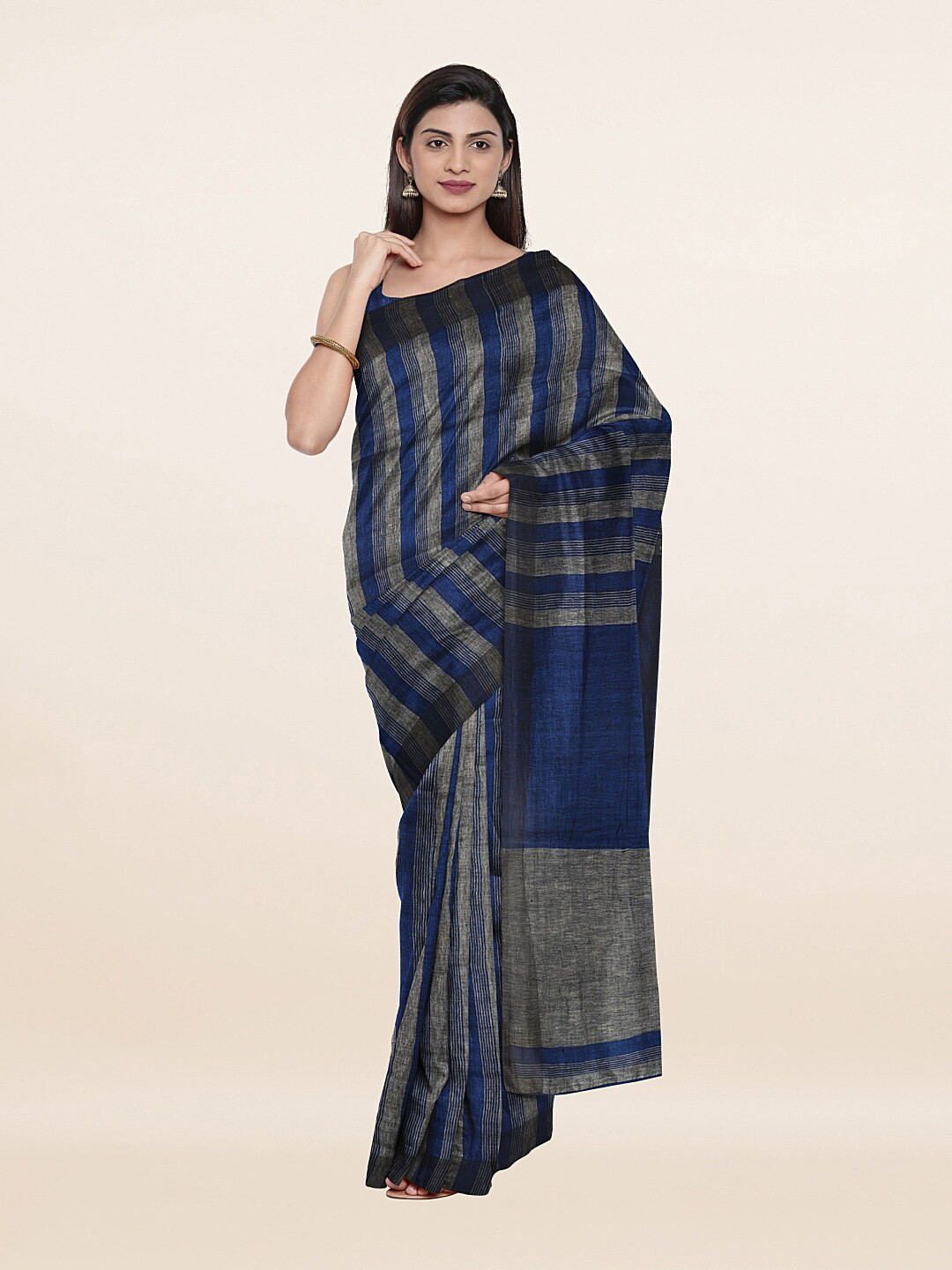 

Pothys Blue & Grey Striped Pure Linen Saree