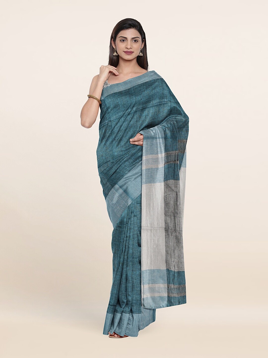 

Pothys Blue & Silver-Toned Woven Design Zari Linen Blend Saree