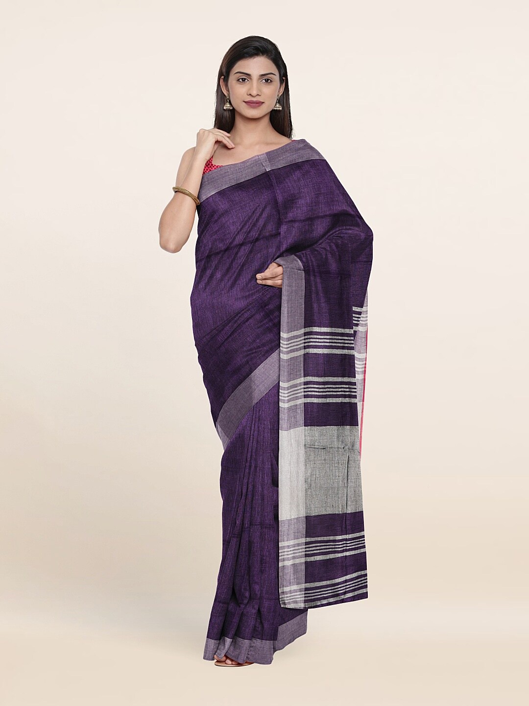 

Pothys Women Violet & Silver-Toned Zari Linen Blend Saree