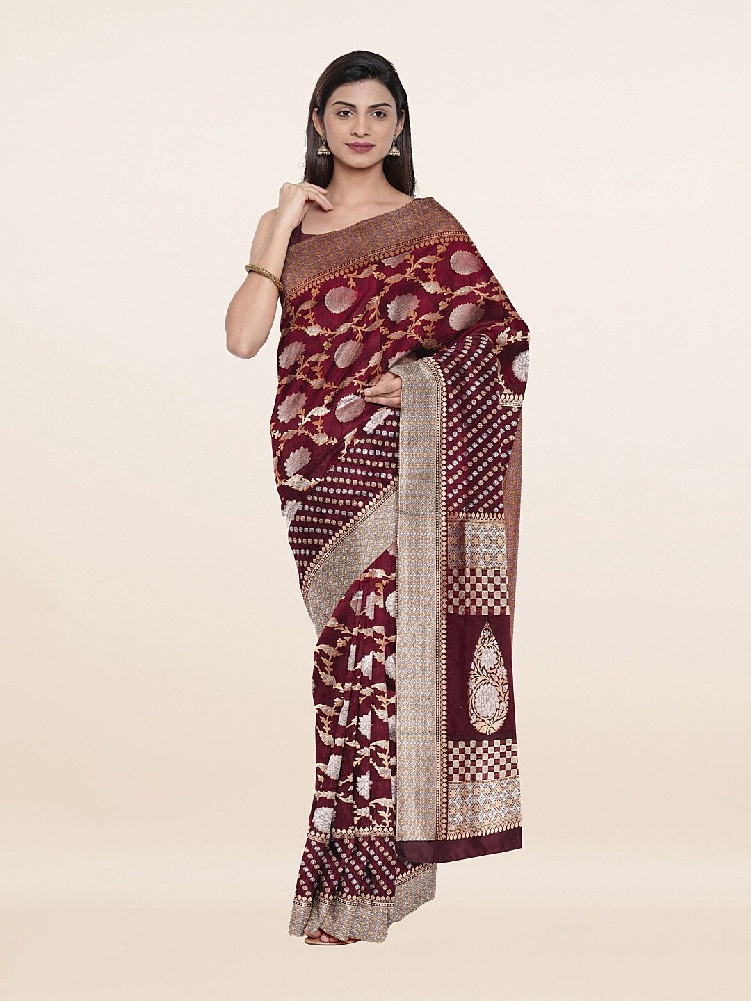 

Pothys Maroon & Gold-Toned Floral Zari Art Silk Saree