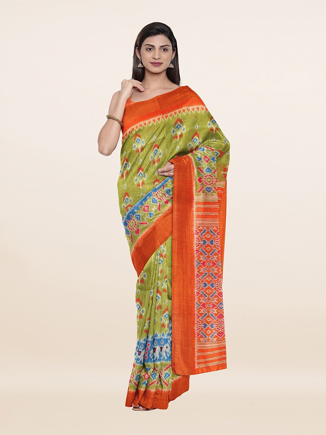 

Pothys Green & Orange Ethnic Motifs Art Silk Saree