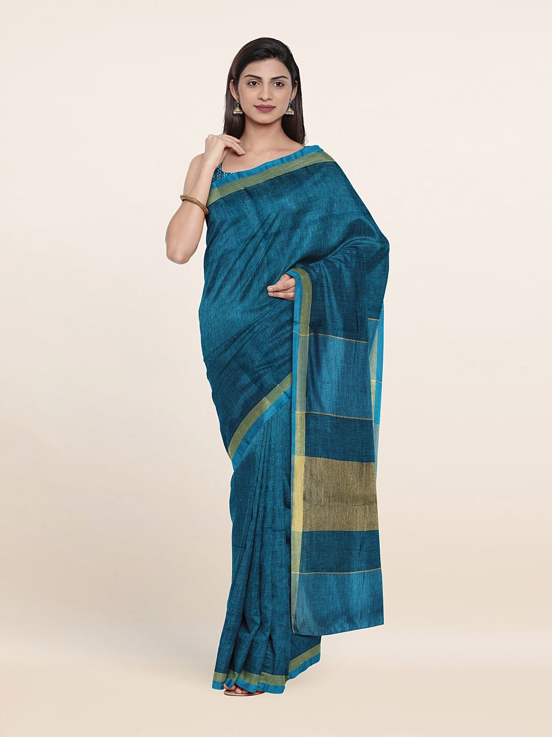 

Pothys Blue & Gold-Toned Linen Blend Saree