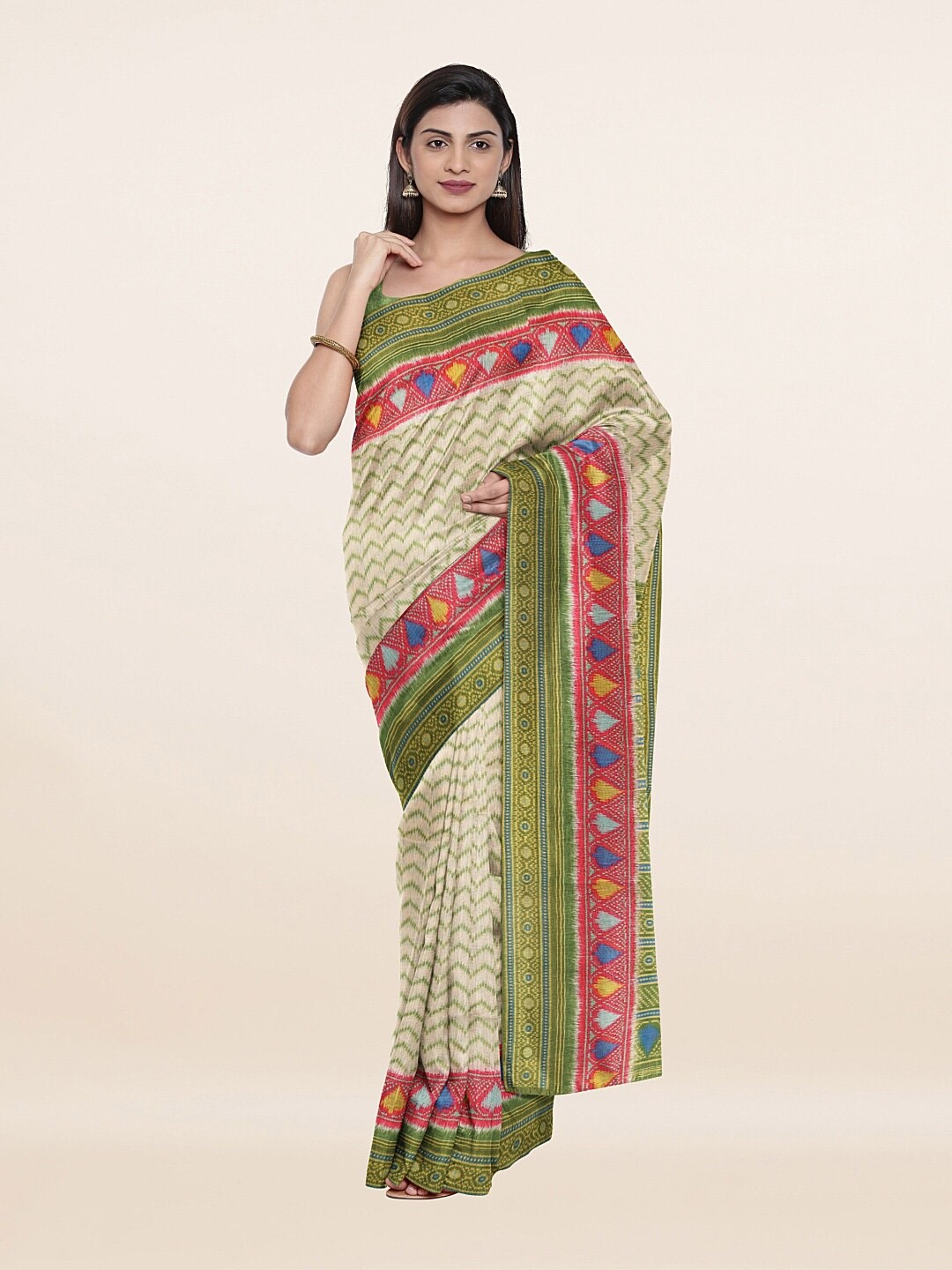 

Pothys Women Cream-Coloured & Green Art Silk Saree