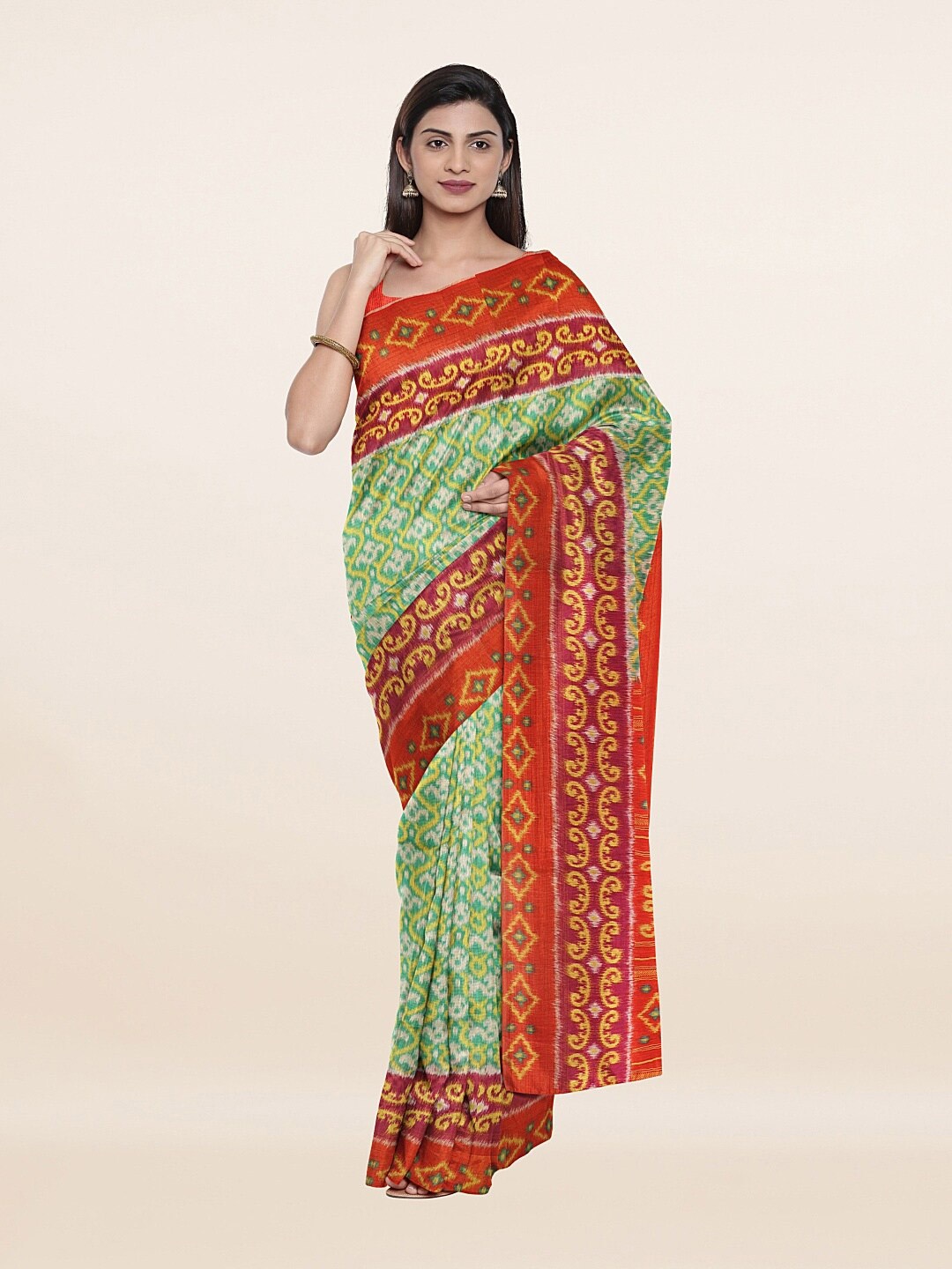 

Pothys Green & Red Ethnic Motifs Print Art Silk Saree