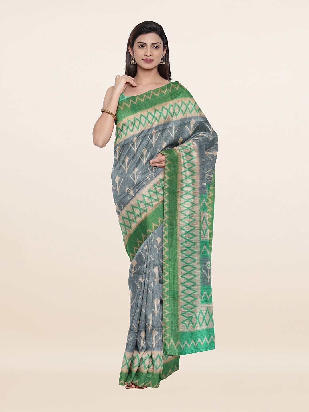 

Pothys Grey & Green Geometric Print Art Silk Saree