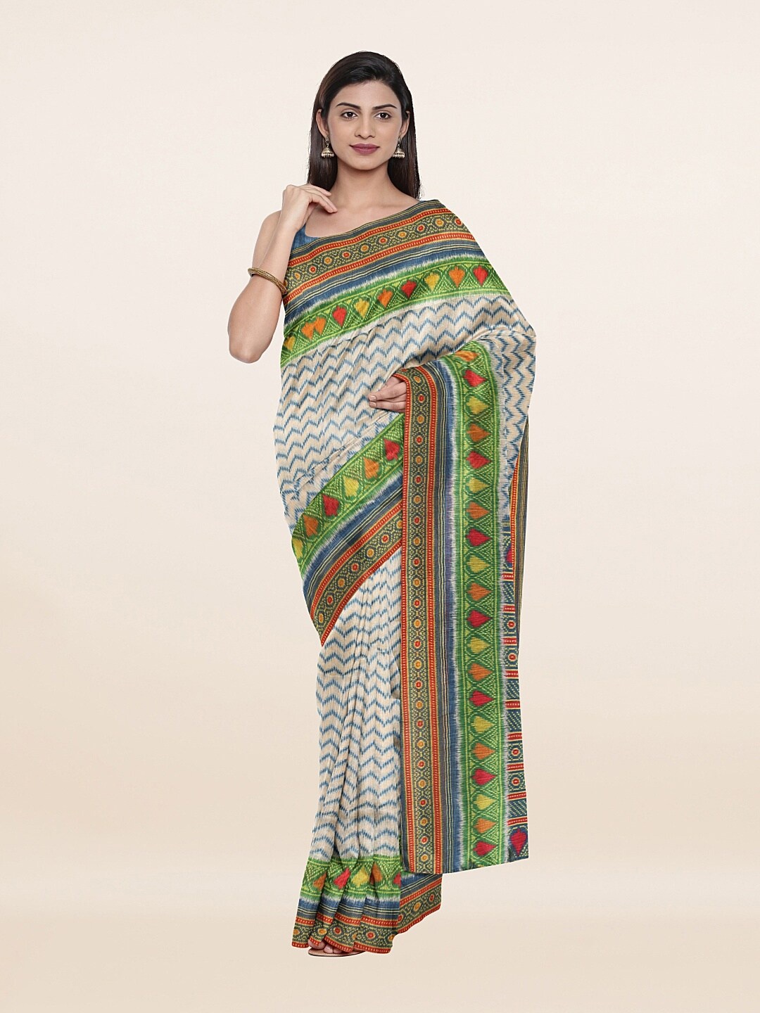 

Pothys Cream-Coloured & Green Art Silk Saree