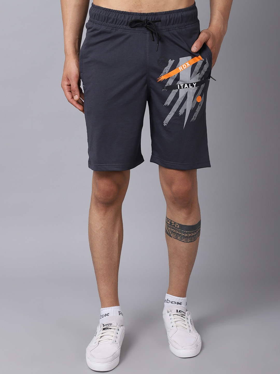 

Gallus Men Grey Melange Printed Slim Fit Training or Gym Shorts