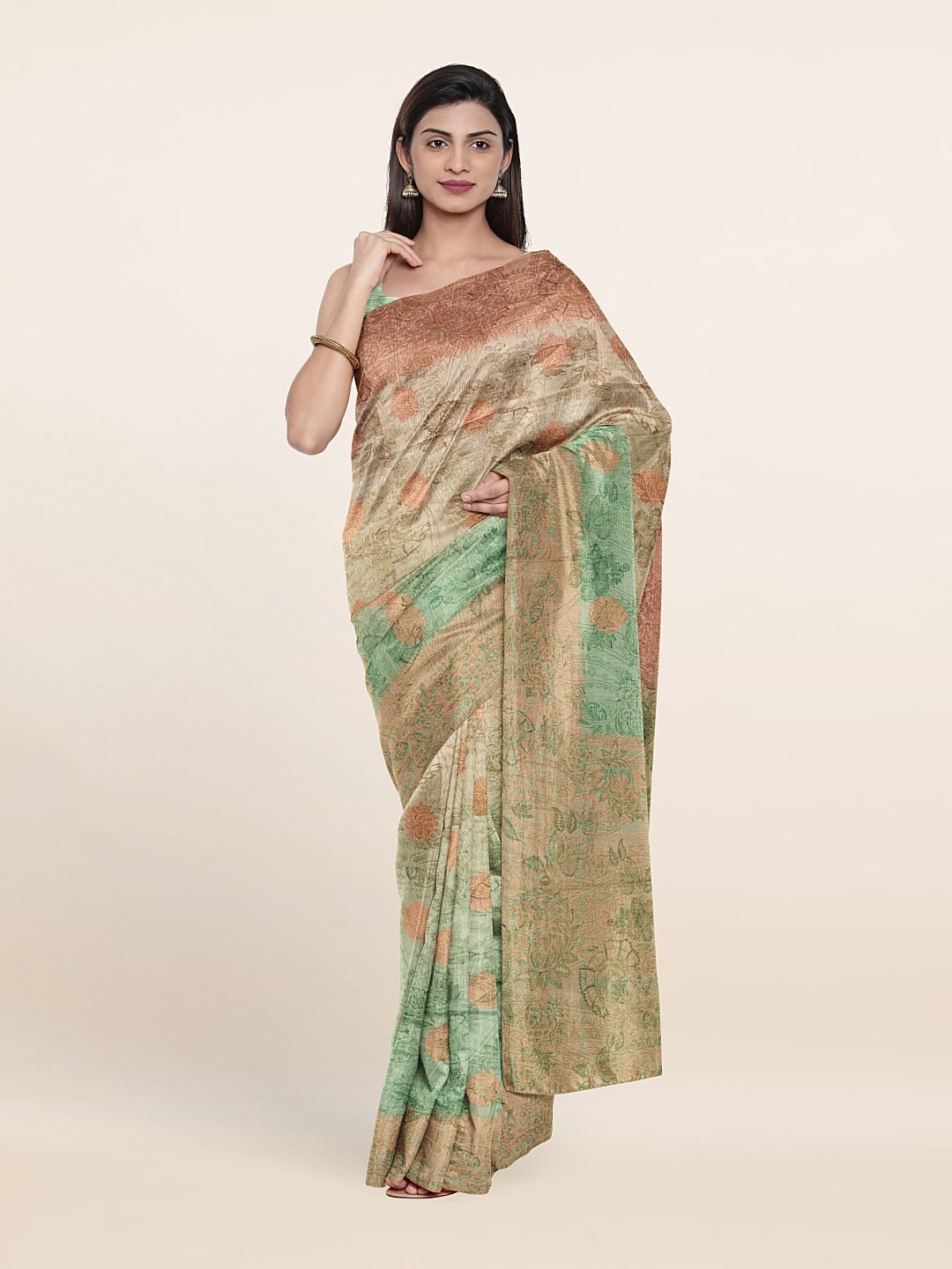 

Pothys Green & Peach-Coloured Floral Art Silk Saree