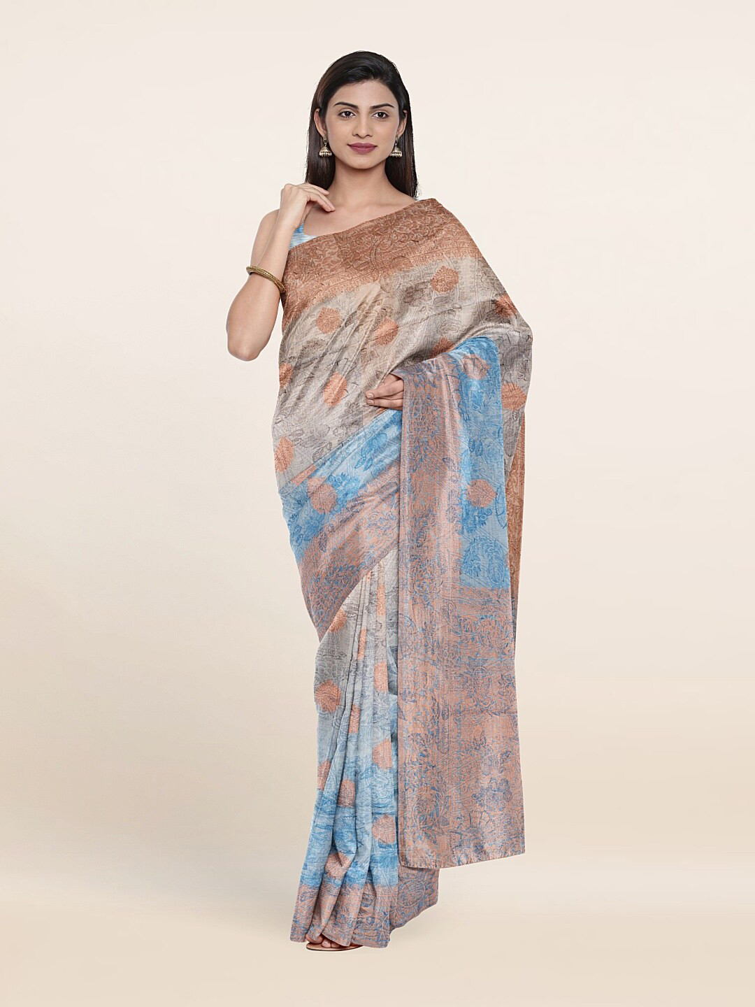 

Pothys Women Blue & Brown Woven Design Zari Art Silk Saree
