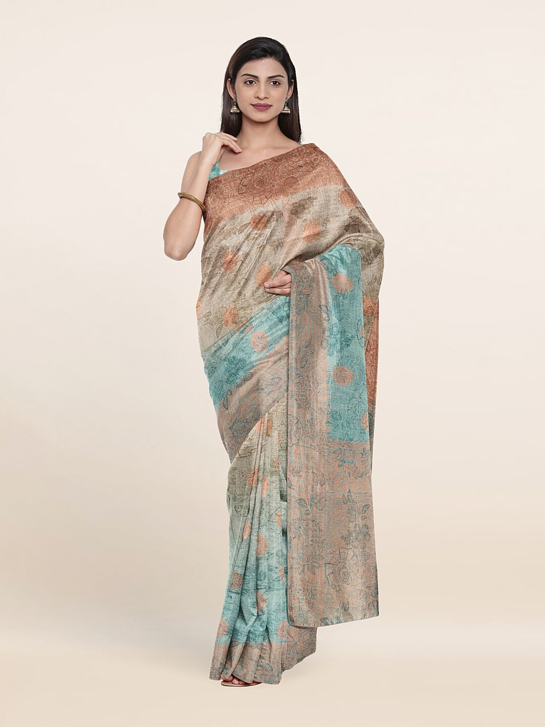 

Pothys Blue & Brown Floral Zari Art Silk Saree