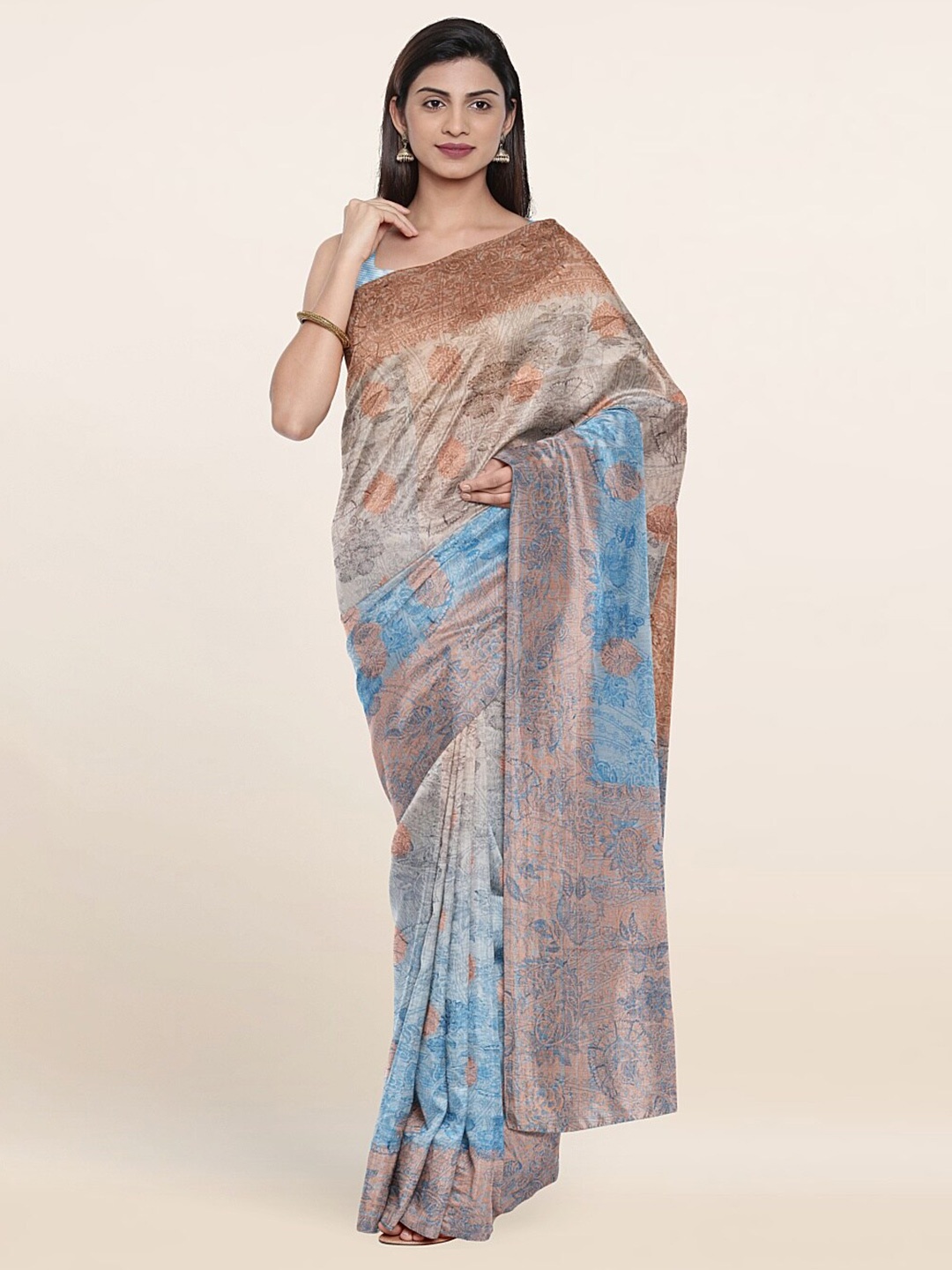 

Pothys Blue & Gold-Toned Woven Design Zari Art Dupion Silk Saree