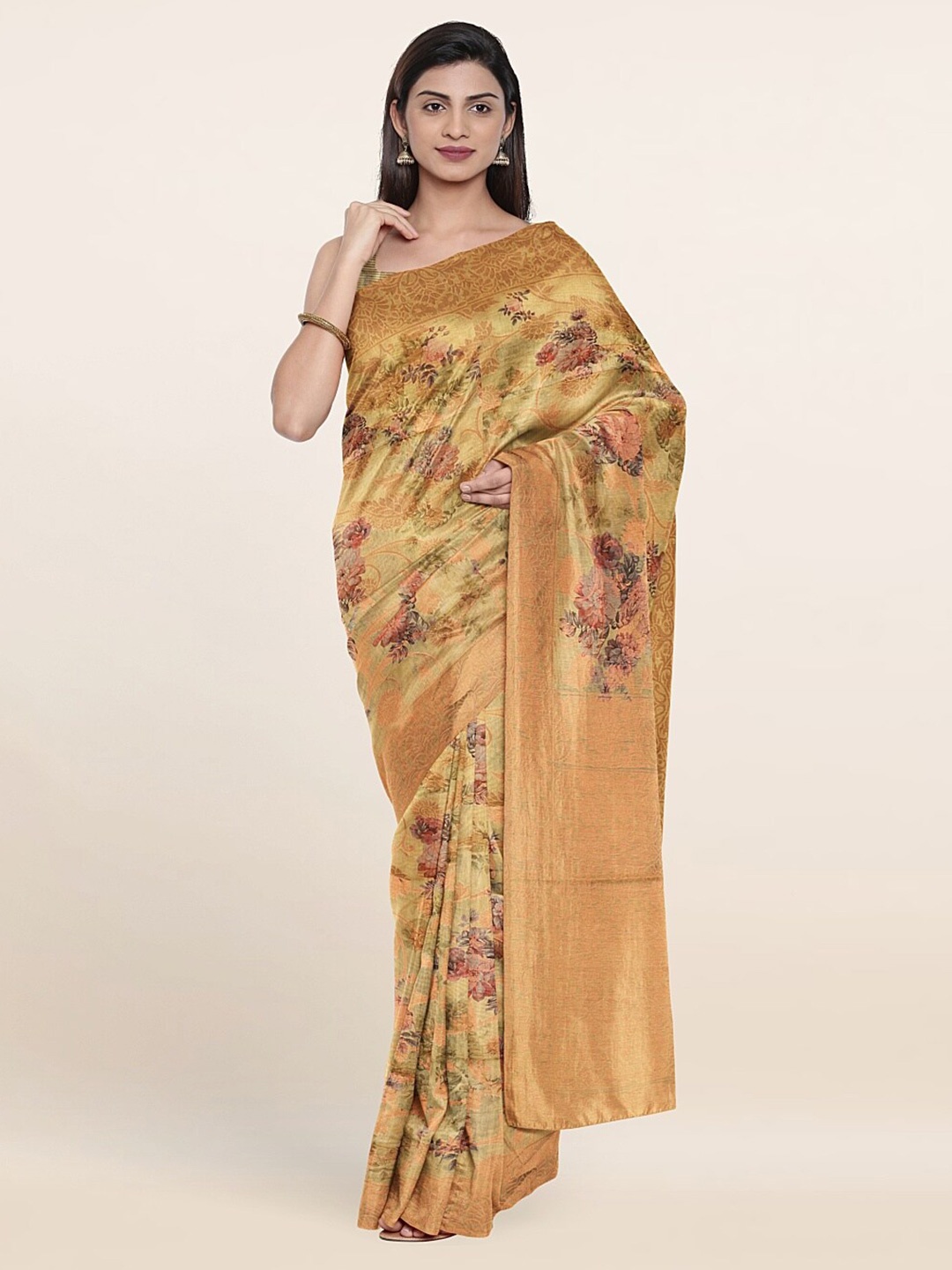 

Pothys Women Mustard & Pink Floral Printed Zari Art Silk Saree