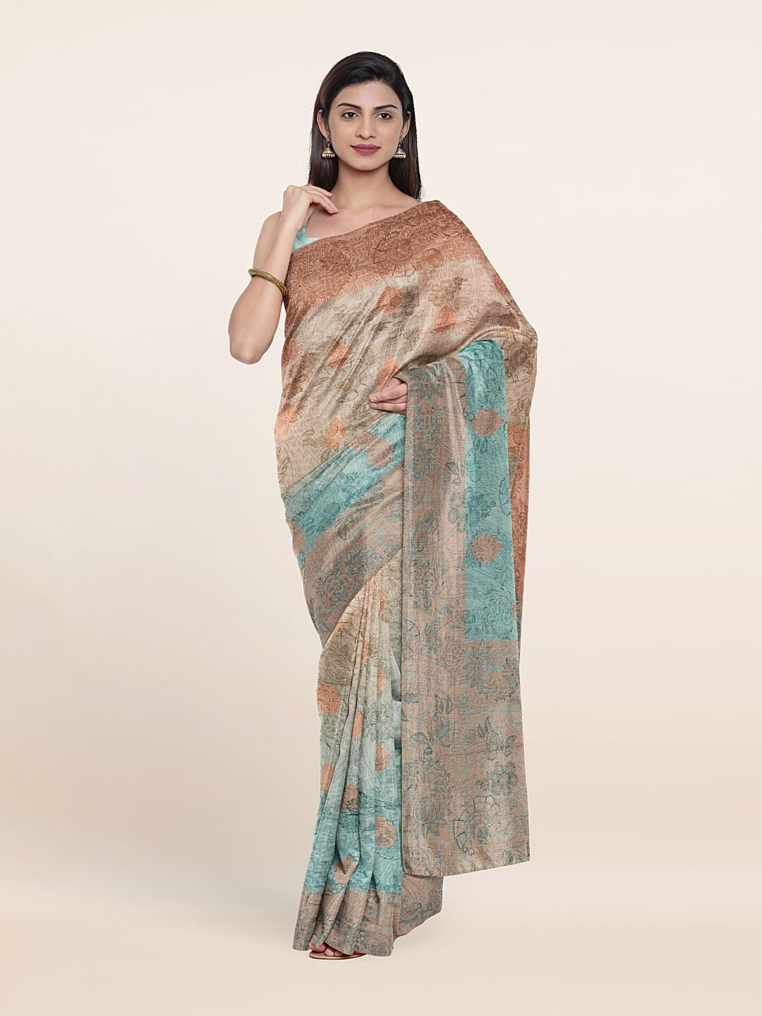 

Pothys Blue & Grey Floral Zari Art Silk Saree