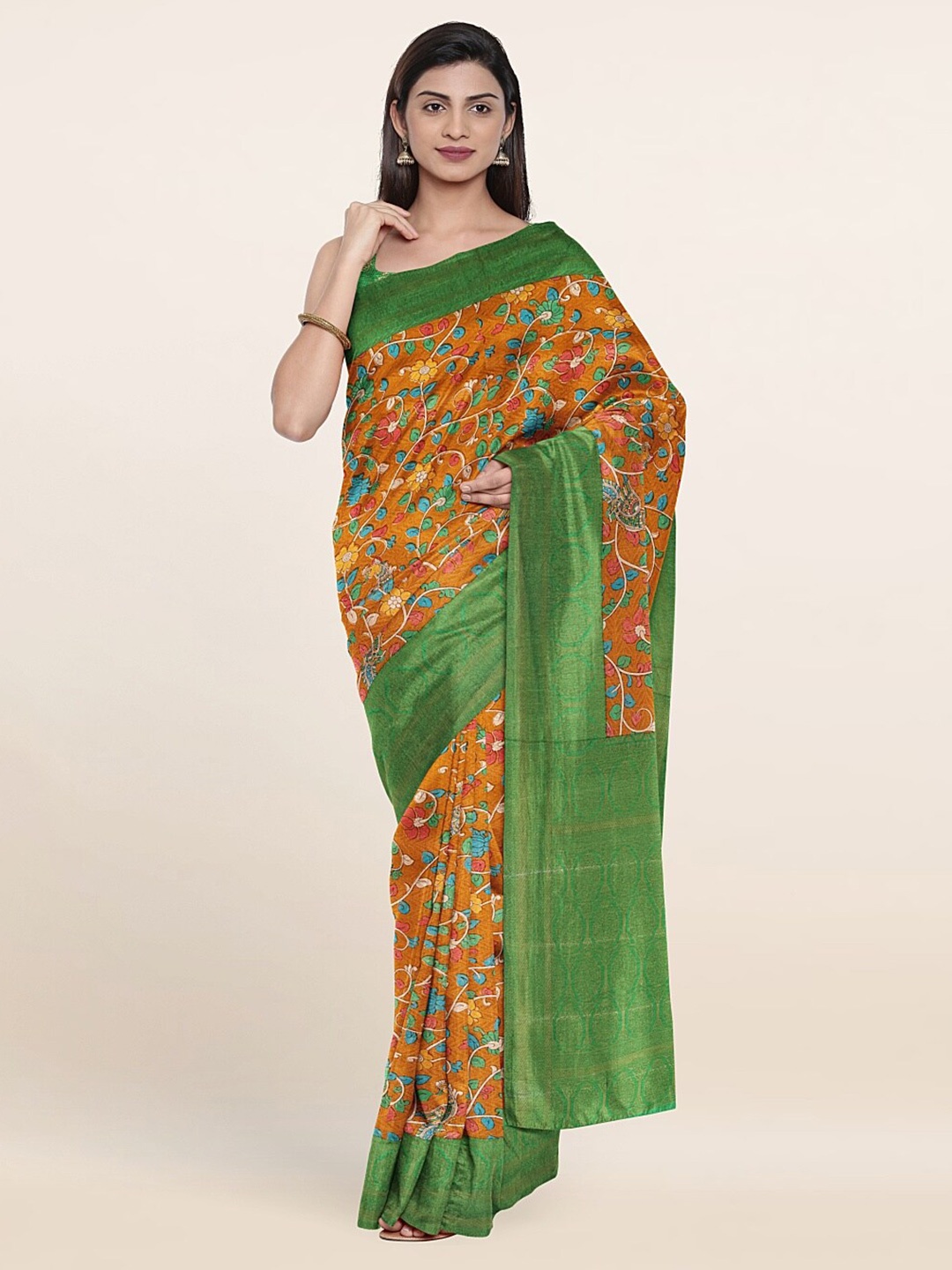 

Pothys Mustard & Green Floral Printed Zari Art Silk Saree