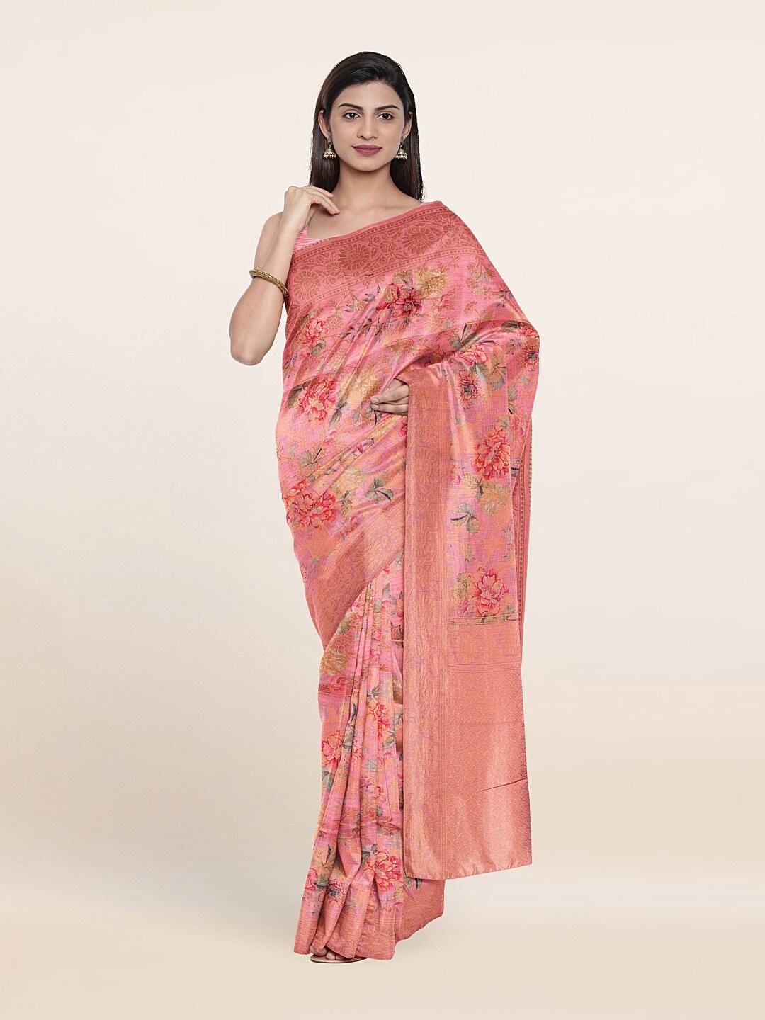 

Pothys Pink & Green Floral Zari Art Silk Saree