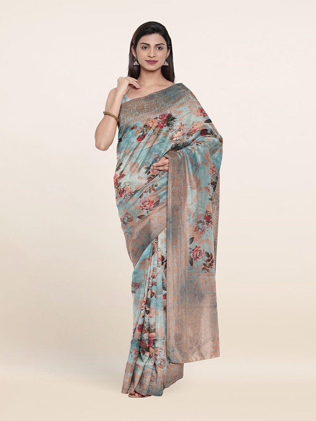 

Pothys Wome Blue & Pink Floral Zari Art Silk Saree