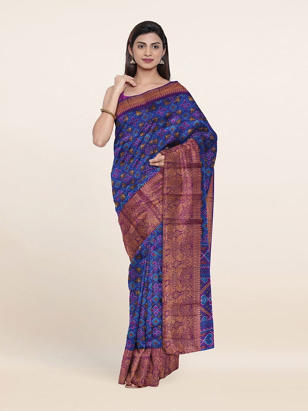 

Pothys Blue & Copper-Toned Floral Zari Art Silk Saree