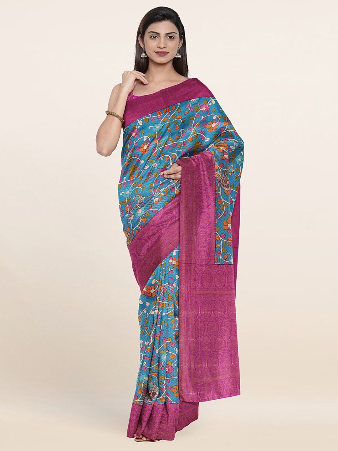 

Pothys Blue & Pink Floral Zari Art Silk Saree