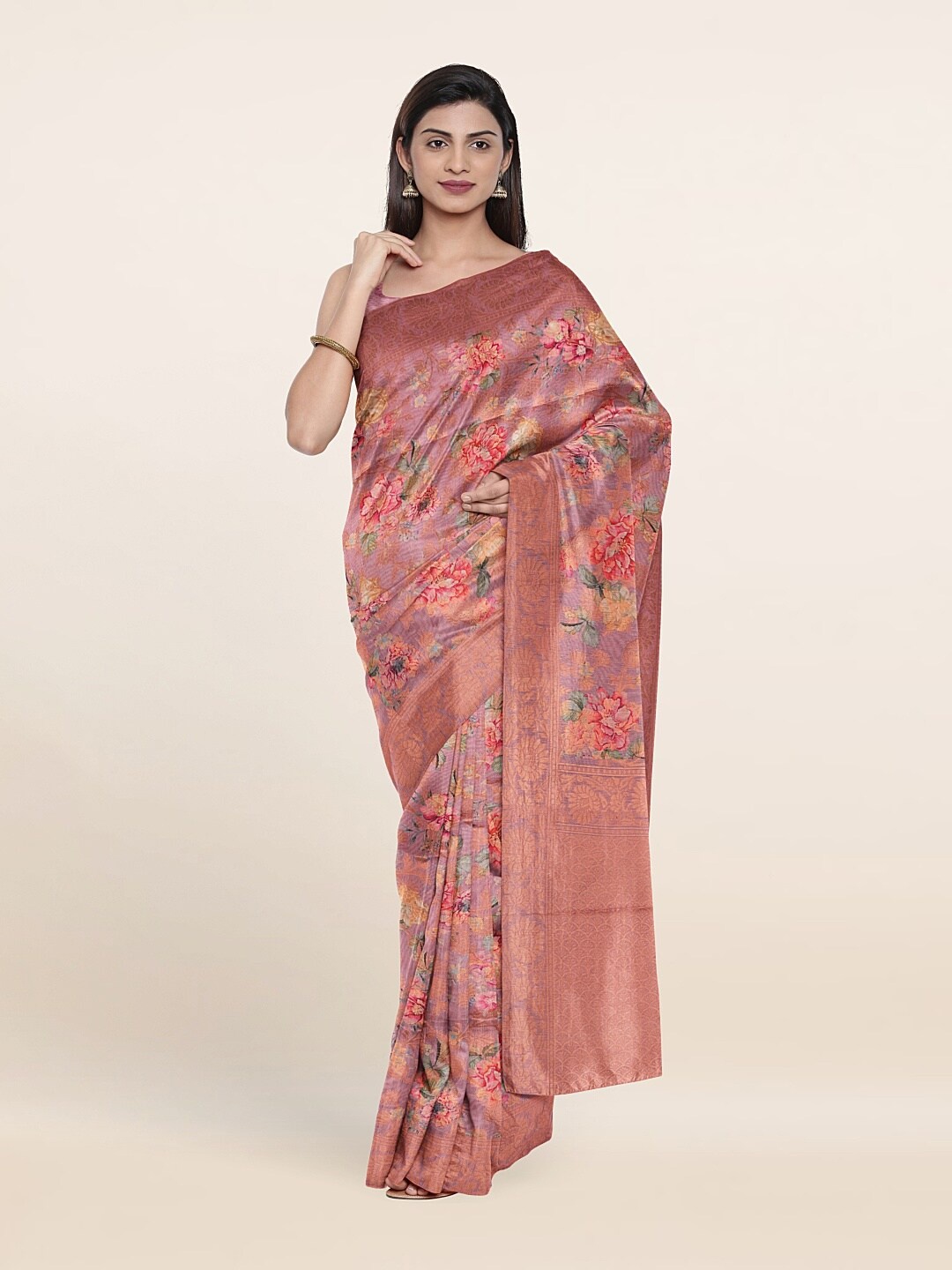 

Pothys Pink & Green Floral Zari Art Silk Saree