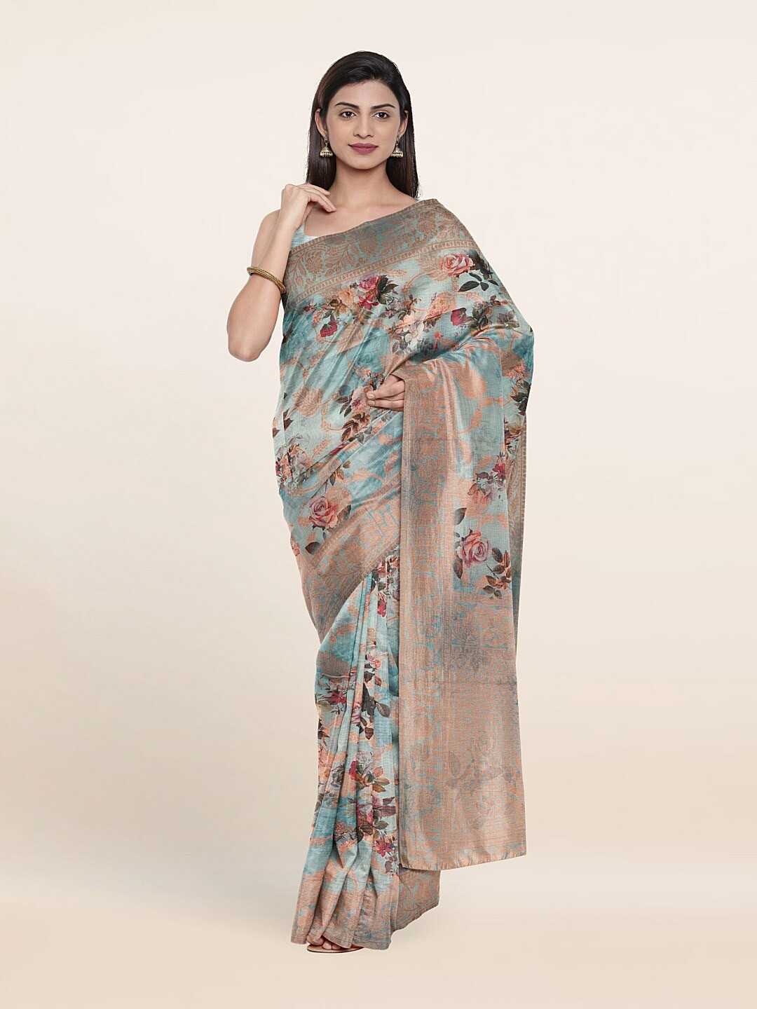 

Pothys Women Blue & Pink Floral Printed Zari Art Silk Saree