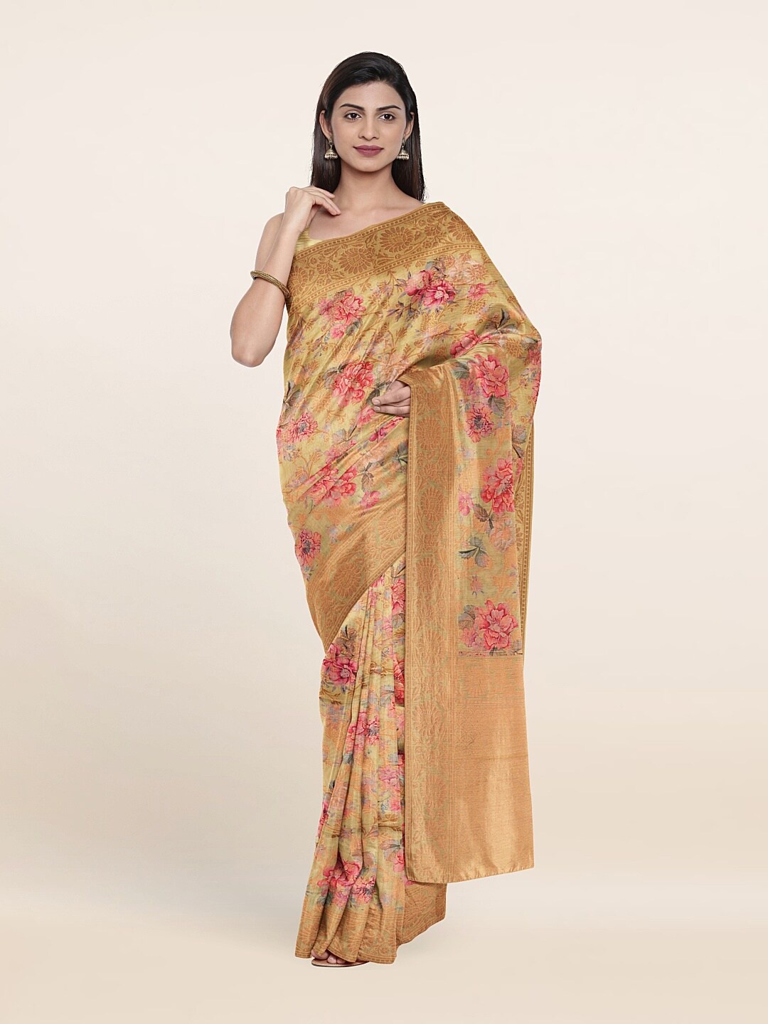 

Pothys Women Yellow & Pink Floral Printed Zari Art Silk Saree