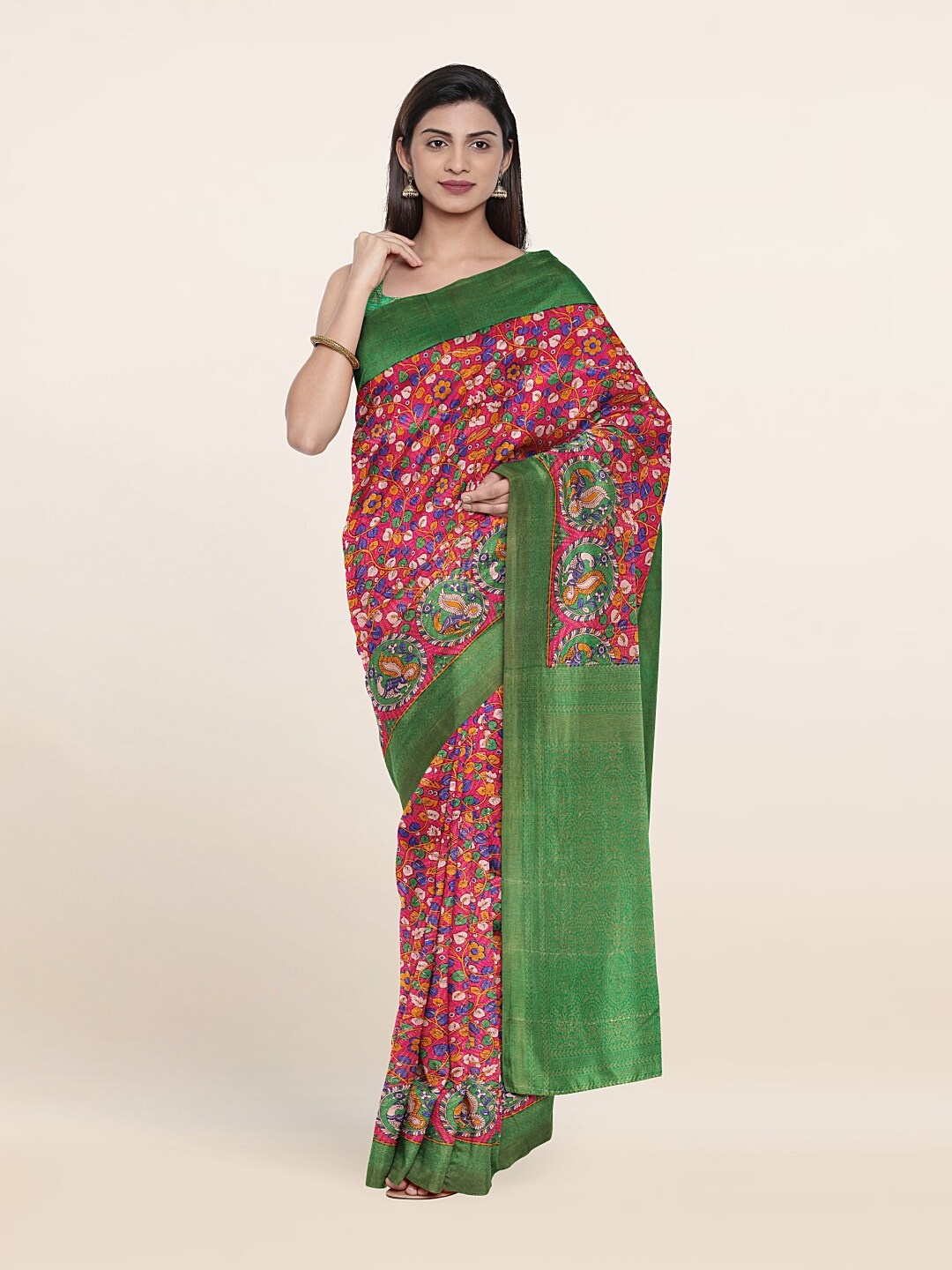 

Pothys Pink & Green Floral Zari Art Silk Saree