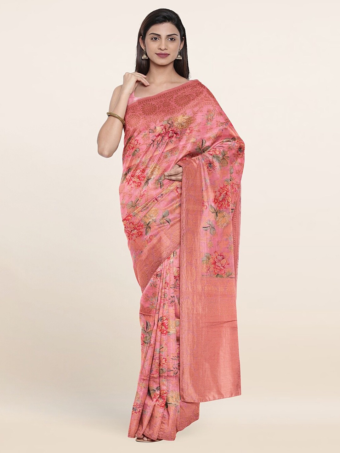 

Pothys Pink & Green Floral Zari Art Silk Saree