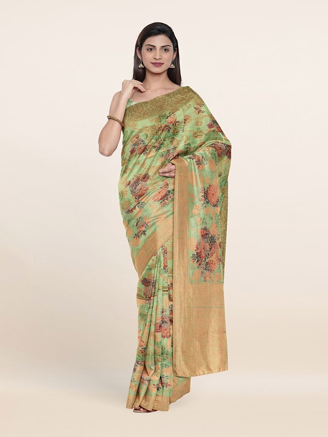

Pothys Green & Peach-Coloured Floral Zari Art Silk Saree