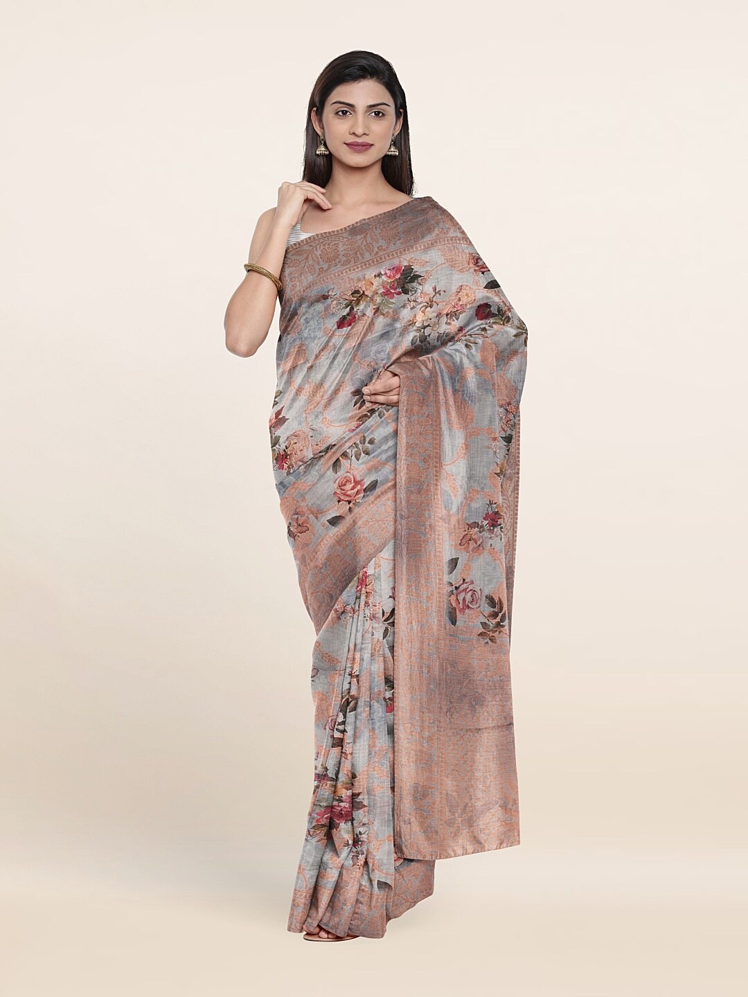 

Pothys Women Grey & Pink Floral Art Dupion Silk Saree With Unstitched Blouse Piece
