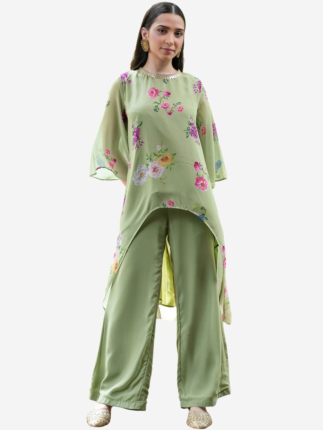 

Alaya By Stage3 Women Green Yoke Design Flared Sleeves Georgette Anarkali Kurta