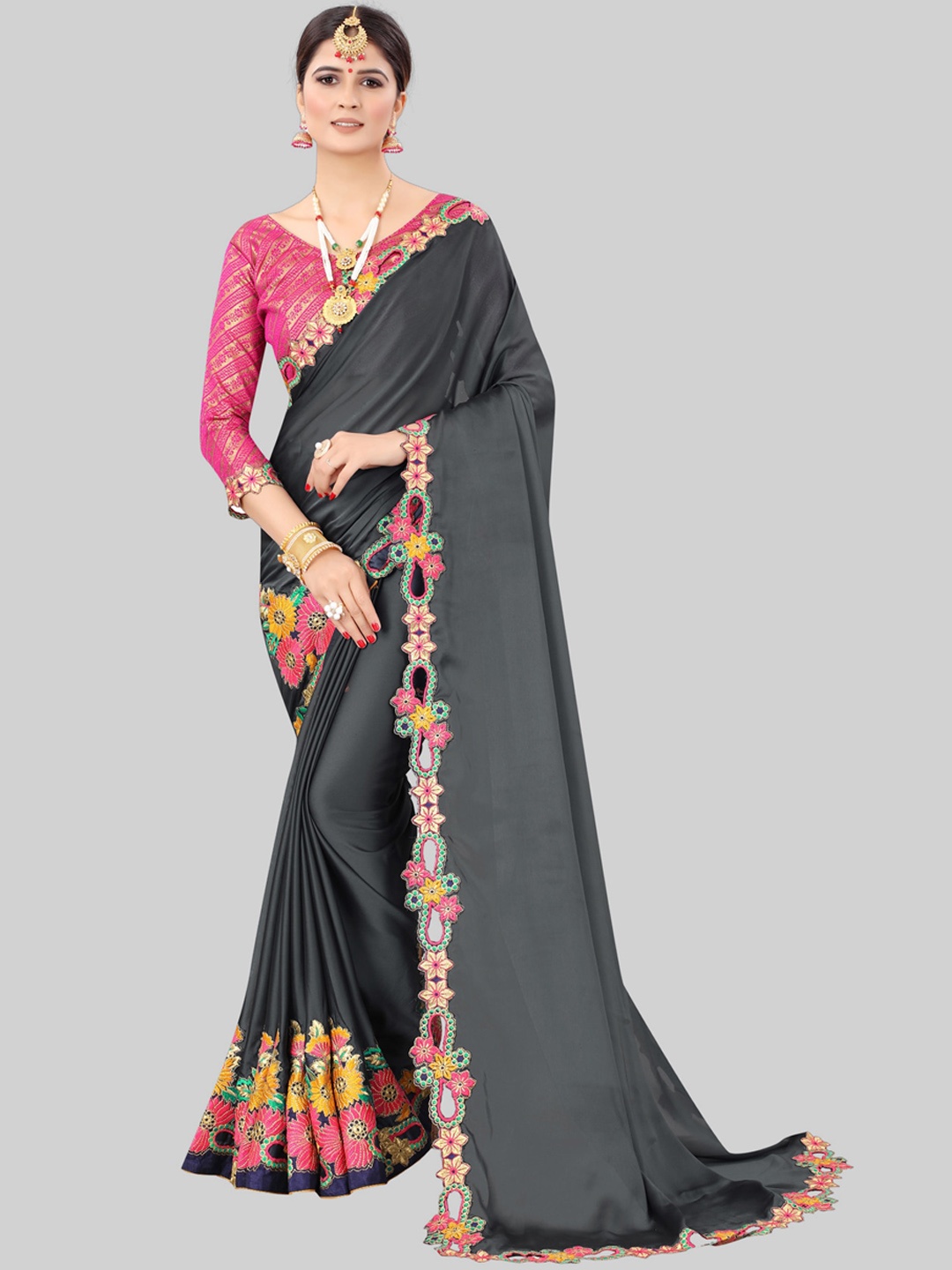 

MARUTI ART Charcoal & Pink Art Silk Saree