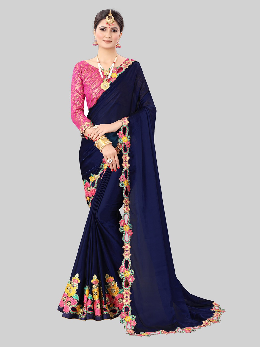 

MARUTI ART Navy Blue & Pink Embroidered Silk Blend Saree