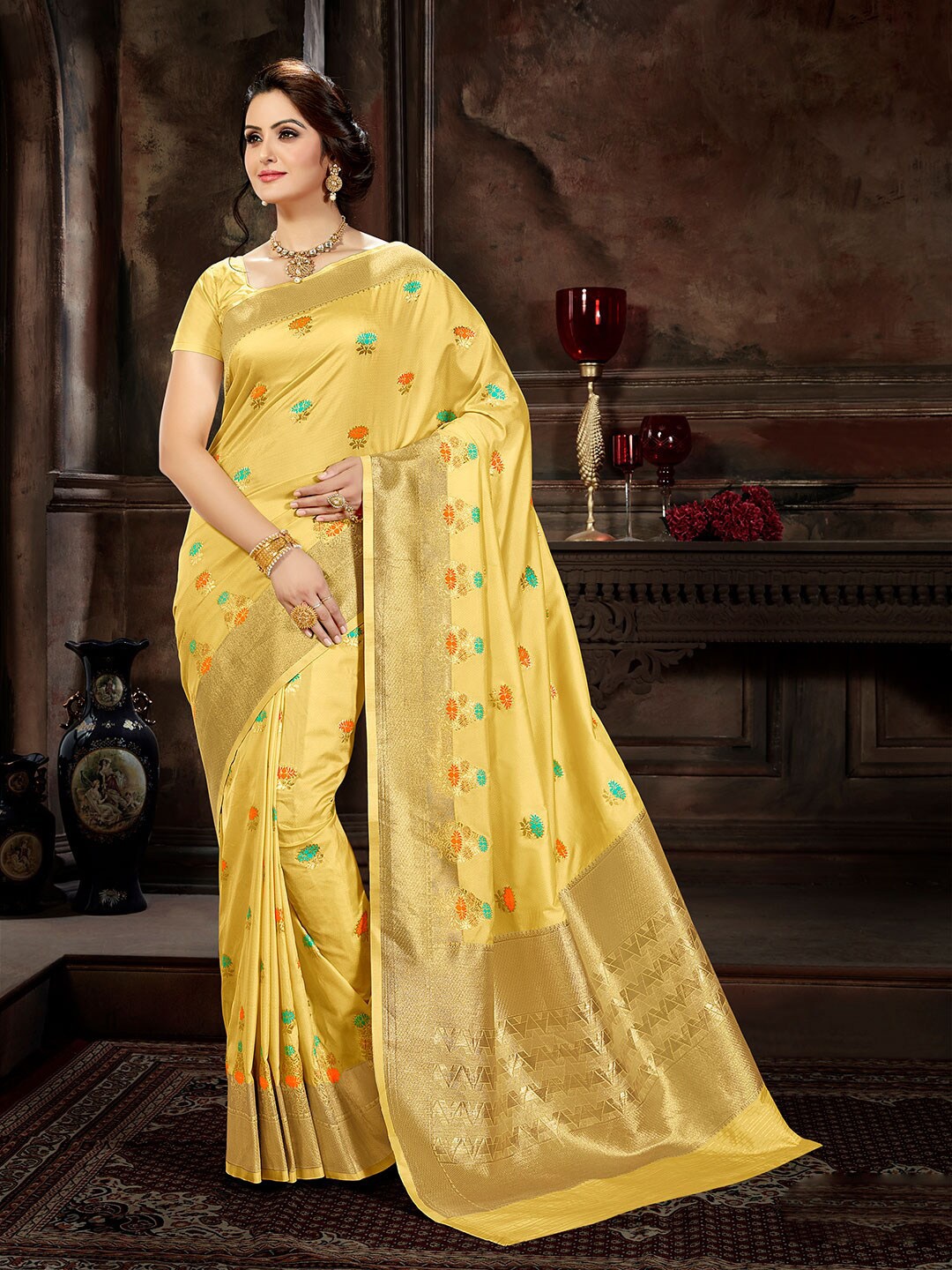 

Shaily Yellow & Orange Woven Design Zari Silk Blend Banarasi Saree