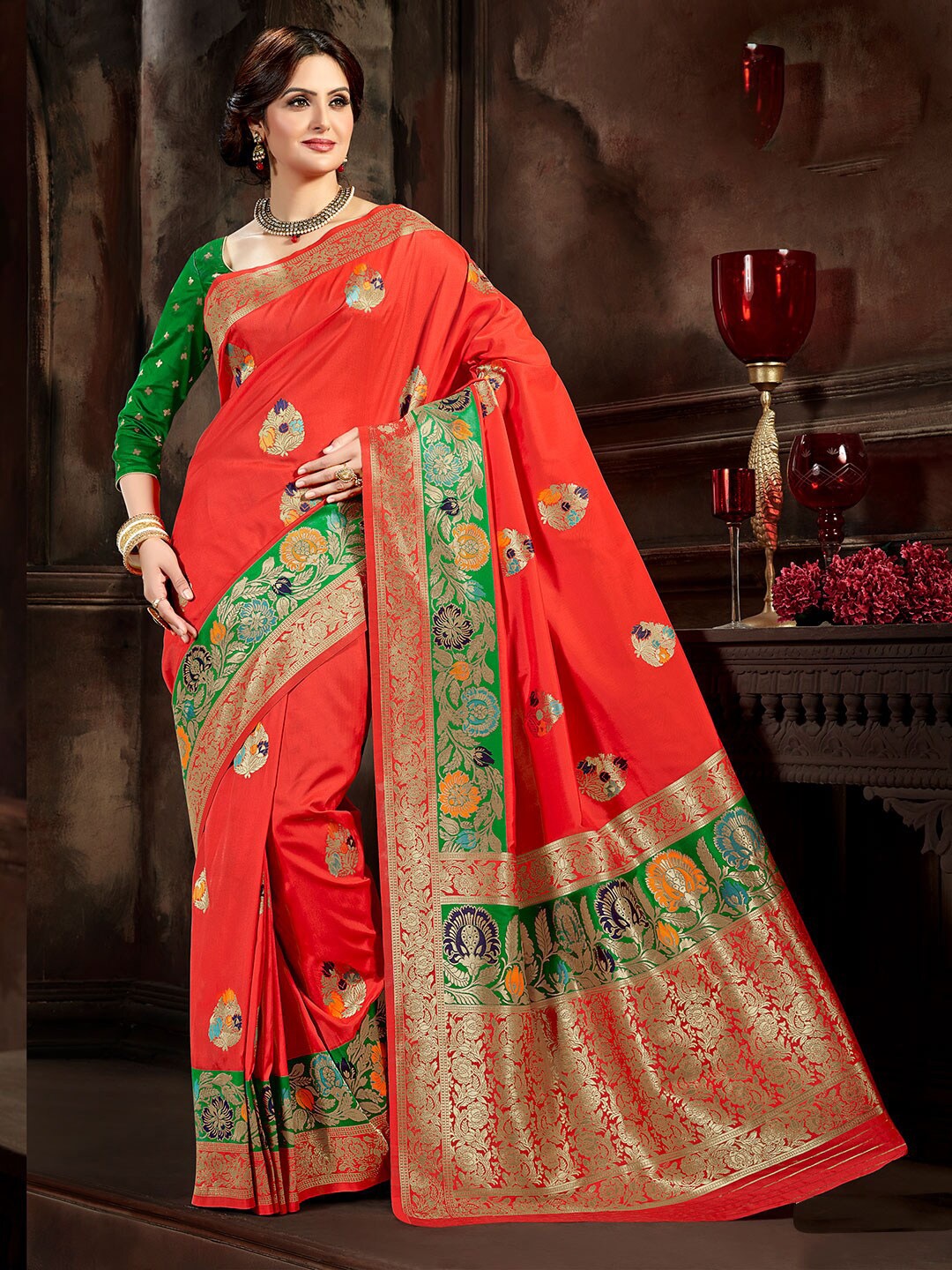 

Shaily Rust & Green Woven Design Zari Silk Blend Banarasi Saree