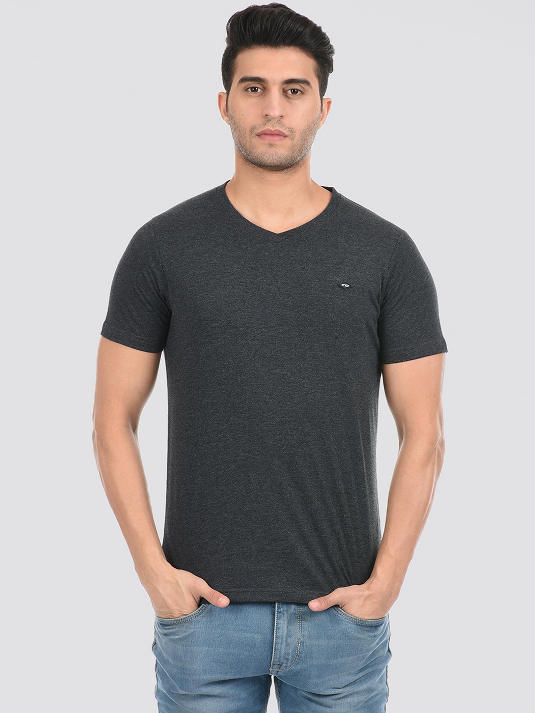 

Cloak & Decker by Monte Carlo Men Charcoal V-Neck Cotton T-shirt