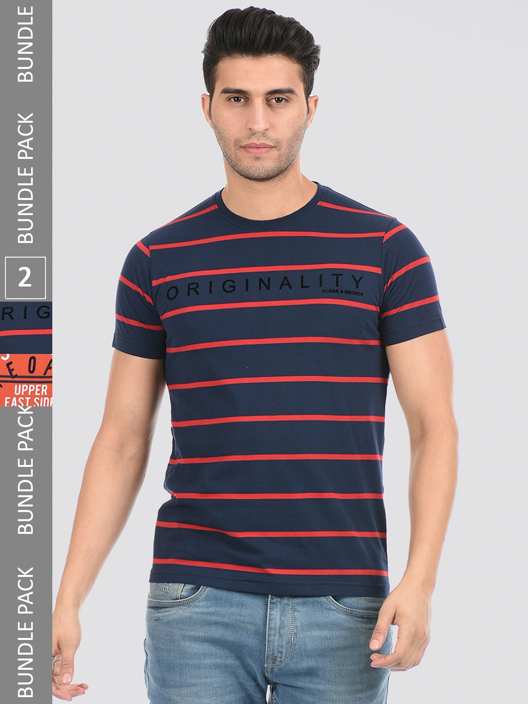 

Cloak & Decker by Monte Carlo Pack of 2 Men Orange & Navy Blue Striped T-shirt