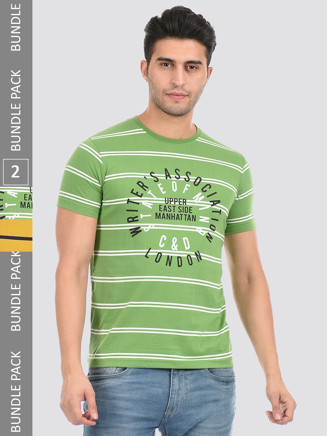 

Cloak & Decker by Monte Carlo Men Set Of 2 Yellow & Green Striped T-shirt