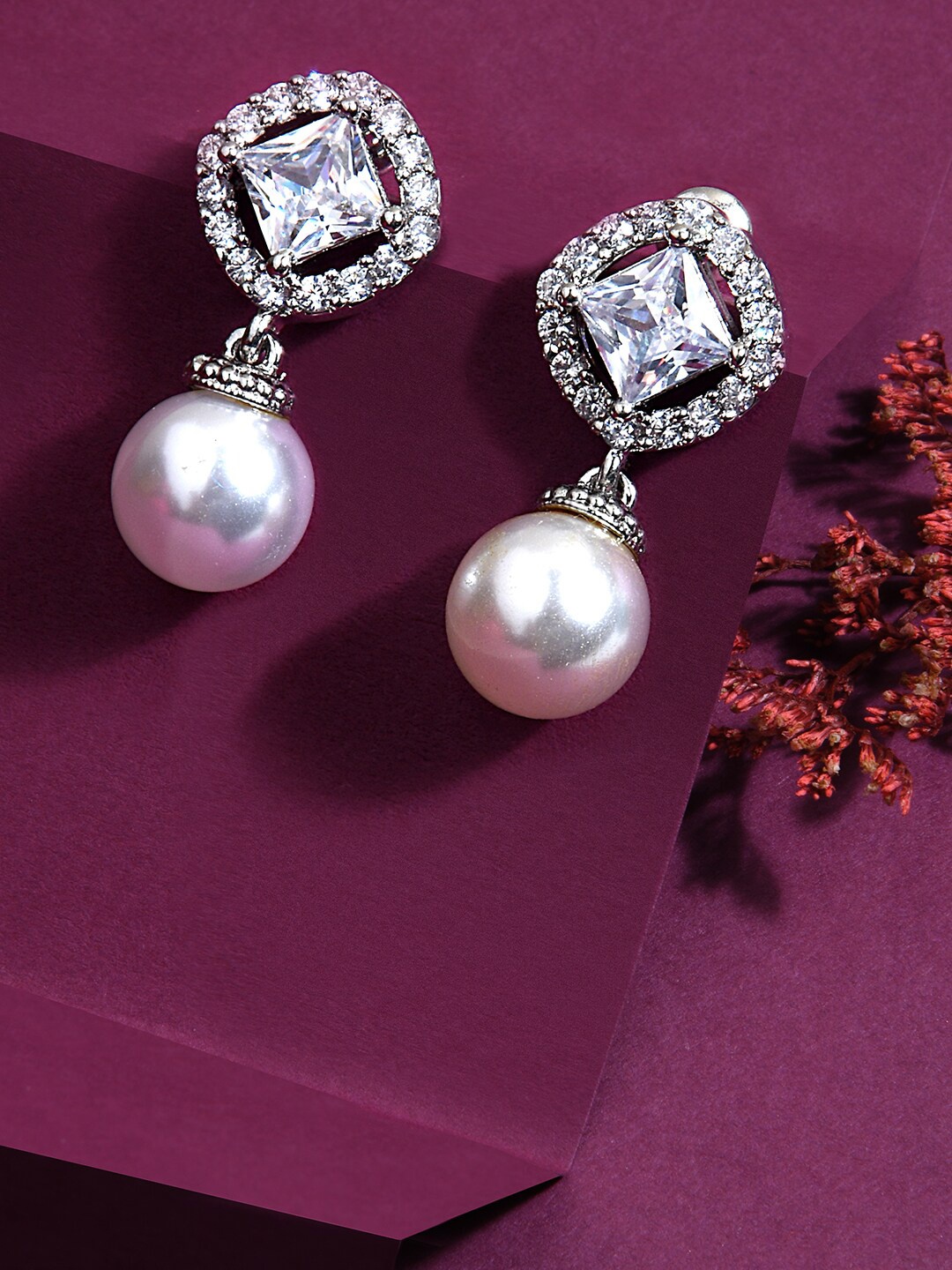

Lilly & sparkle Silver-Toned & Pink Contemporary Drop Earrings