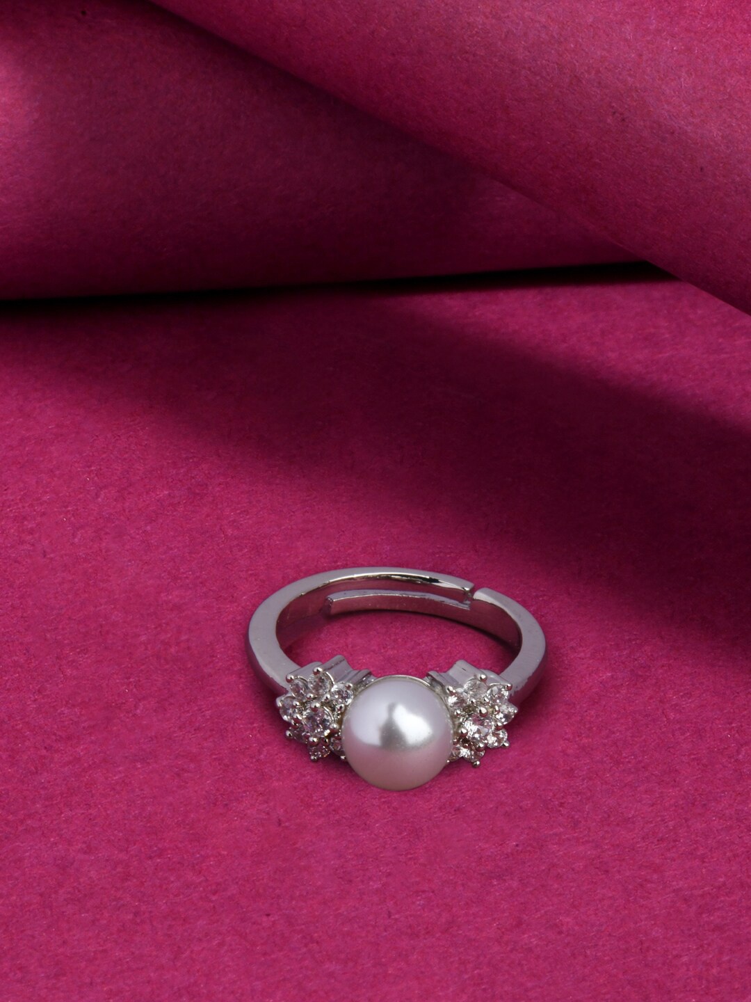 

Lilly & sparkle Rhodium-Plated Silver-Toned Pearl & CZ Studded Finger Ring