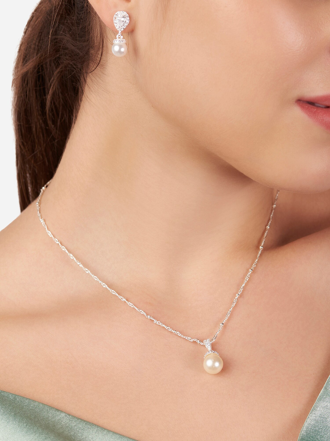 

Lilly & sparkle Rhodium-Plated White CZ Studded & Pearl Beaded Jewellery Set, Silver