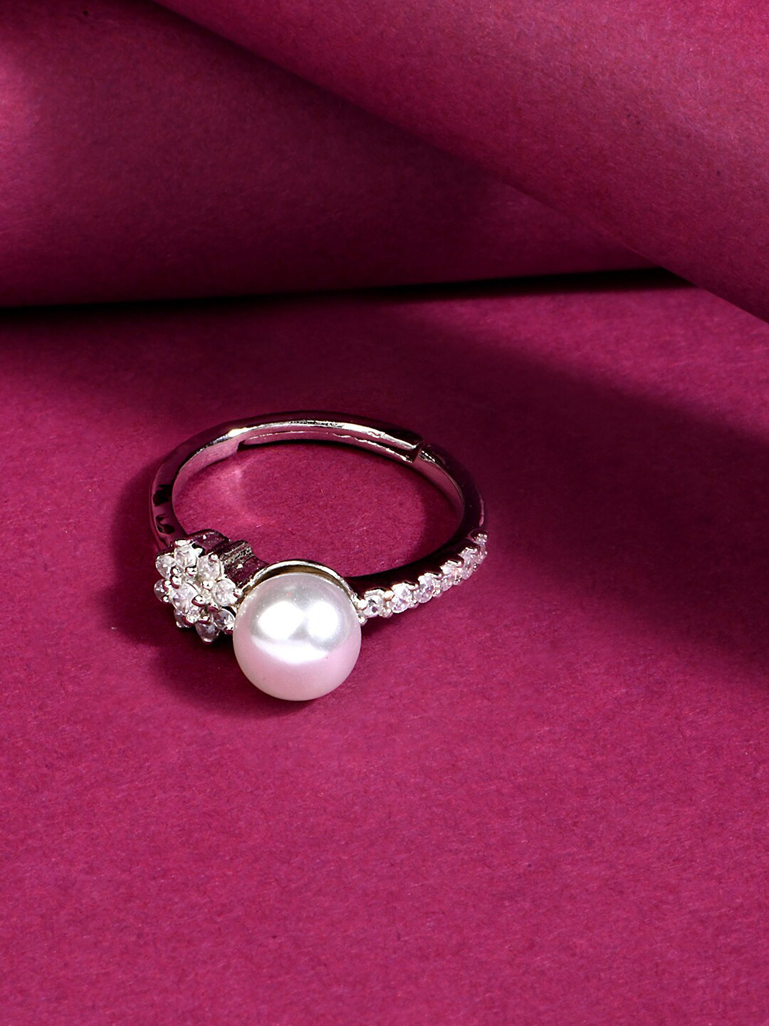 

Lilly & sparkle Rhodium-Plated Silver-Toned Pearl & CZ Studded Finger Ring